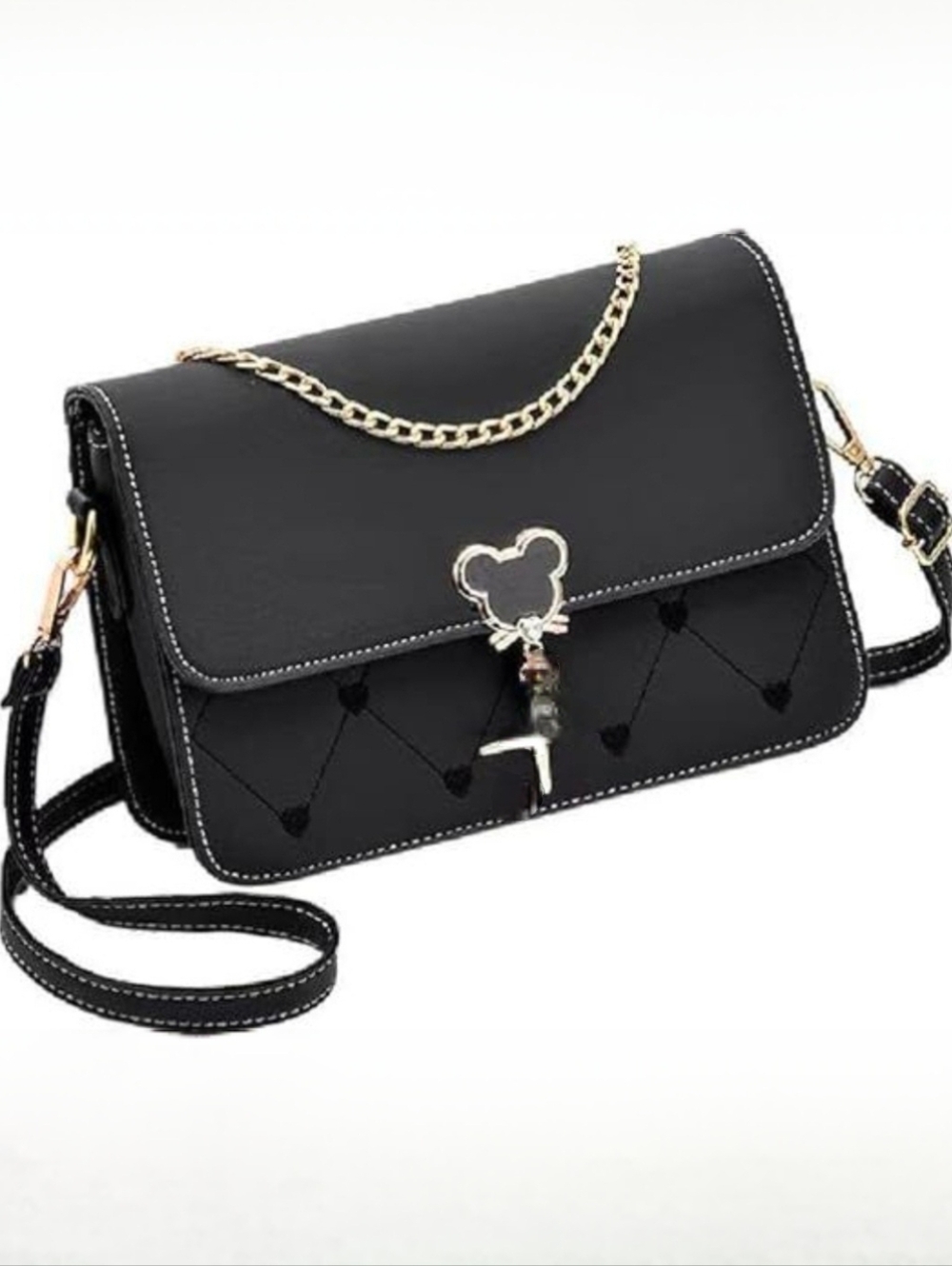 Versatile Quilted Purse w/Mickey Clasp & Charms, Black